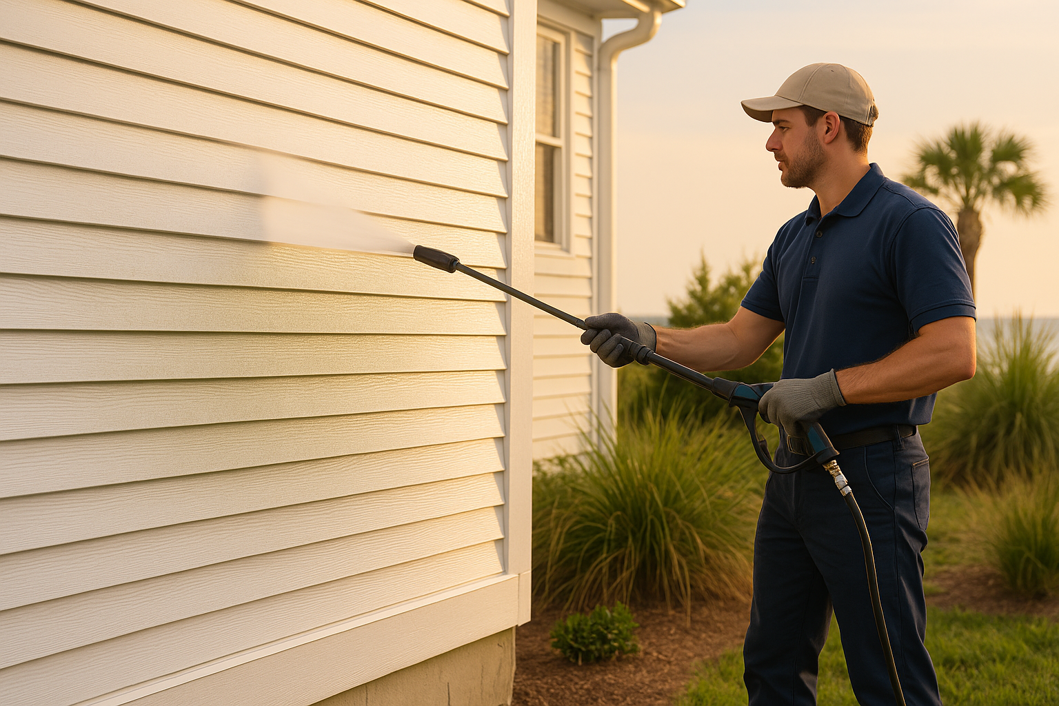 Coastal home being power-washed